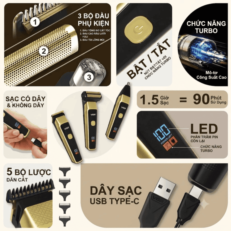 VGR V-366 Multifunctional Electric Shaver, 6500RPM Turbo Motor, USB Type-C Charging