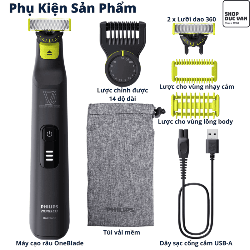 Philips Norelco OneBlade Pro 360 Face & Body QP6542/70 Hybrid Electric Beard Trimmer and Shaver With Original Blade, 14-length Adjustable Comb