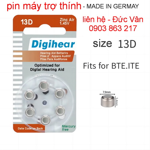 Digihear Hearing Aid Batteries, size 13, 1.45V - Pack of 6 round batteries