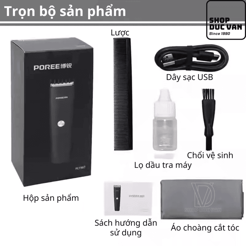 Tông Đơ Cắt Tóc Poree PC1907 Sạc Type C, Pin Trâu 180 Phút
