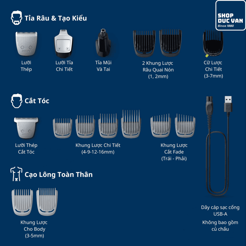 Tông Đơ Đa Năng Philips Norelco Multigroom Series 5000 MG5910 Tỉa Râu, Tóc Và Toàn Thân 18 Phụ Kiện