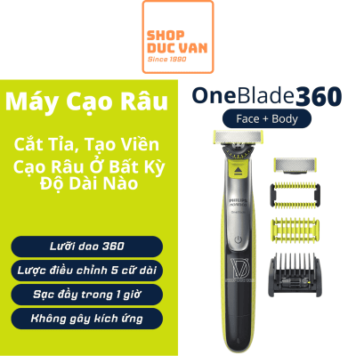 Máy Tỉa Râu Và Lông Toàn Thân Philips Norelco OneBlade 360 Face + Body QP2834/70 - Cạo Khô/Ướt Chống Nước, Pin Li-Ion 60 Phút