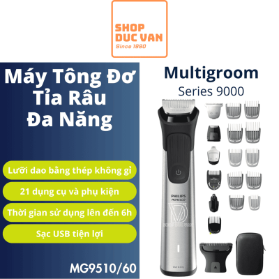 Tông Đơ Đa Năng Philips Multigroom 9000 MG9510/60, Cạo Râu, Tỉa Lông Toàn Thân, 21 Phụ Kiện, Chống Nước