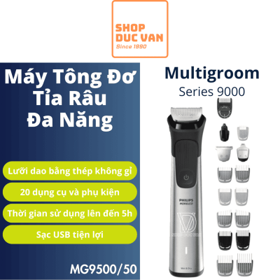 Tông Đơ Philips Multigroom 9000 MG9500/50, Máy Tỉa Râu, Cắt Tóc, Tỉa Lông Toàn Thân 20 Phụ Kiện, Chống Nước