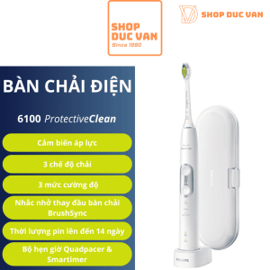 Bàn Chải Điện Philips Sonicare 6100 ProtectiveClean Làm Trắng Răng, 3 Chế Độ & 3 Cường Độ, Cảm Biến Áp Suất Kèm Hộp Du Lịch