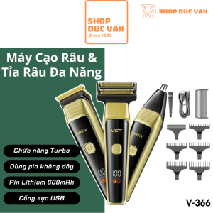Máy Cạo Râu Đa Năng VGR V-366  Bộ Tông Đơ Cắt Tóc, Tỉa Lông Mũi 3 Trong 1 Động Cơ Turbo 6500RPM Sạc USB Type-C Pin 90 Phút