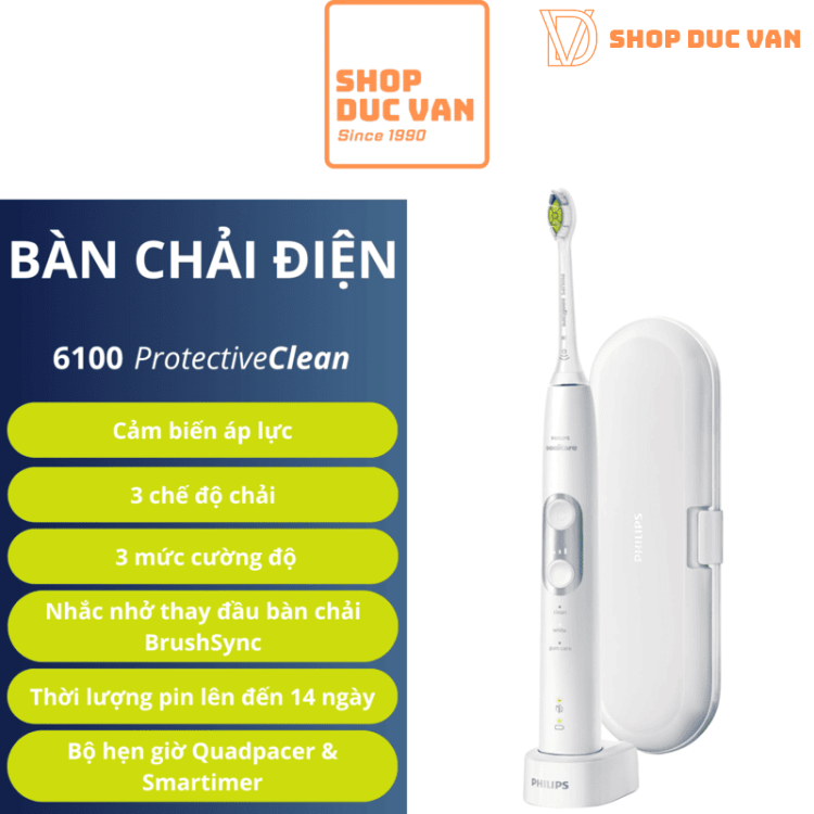 Bàn Chải Điện Philips Sonicare 6100 ProtectiveClean Làm Trắng Răng, 3 Chế Độ & 3 Cường Độ, Cảm Biến Áp Suất Kèm Hộp Du Lịch