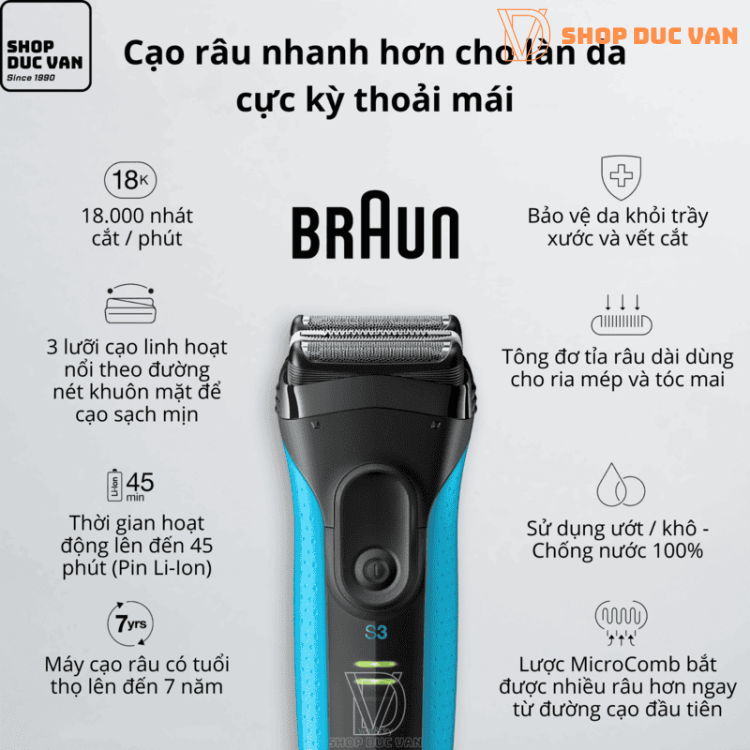 Máy Cạo Râu Braun Series 3 ProSkin 3040s Hàng Đức Cạo Khô & Ướt Kèm Đầu Tỉa Chính Xác
