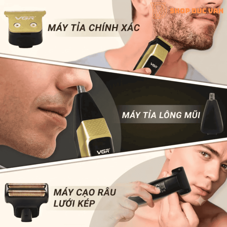 Máy Cạo Râu Đa Năng VGR V-366  Bộ Tông Đơ Cắt Tóc, Tỉa Lông Mũi 3 Trong 1 Động Cơ Turbo 6500RPM Sạc USB Type-C Pin 90 Phút