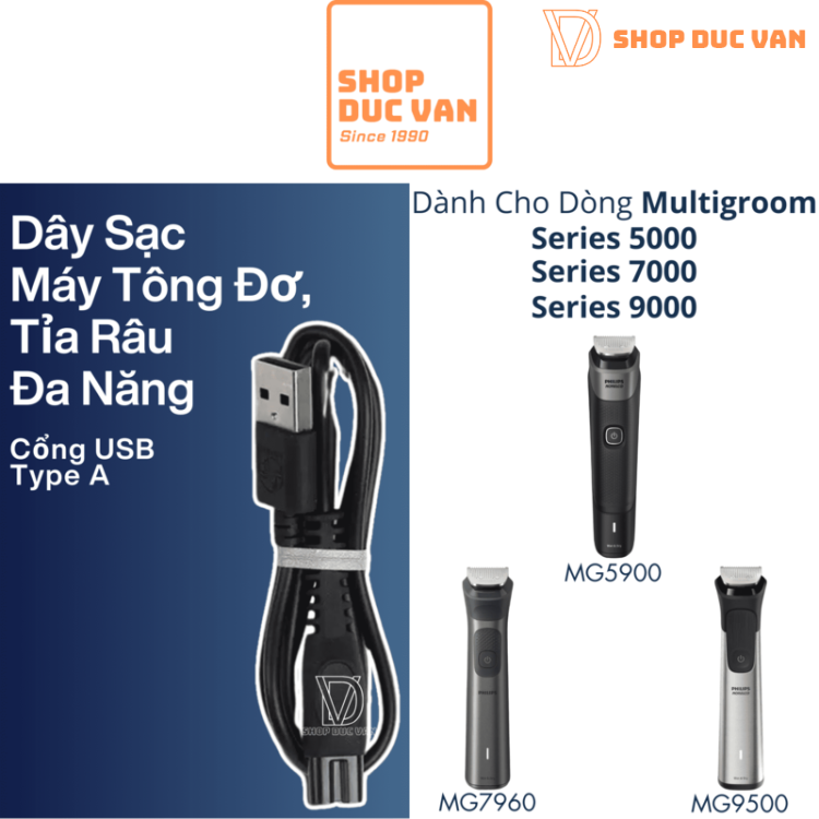 Dây Sạc USB Máy Tông Đơ Cắt Tóc Tỉa Râu Đa Năng Philips Multigroom All-In-One Series 5000 Series 7000 Series 9000 Chính Hãng