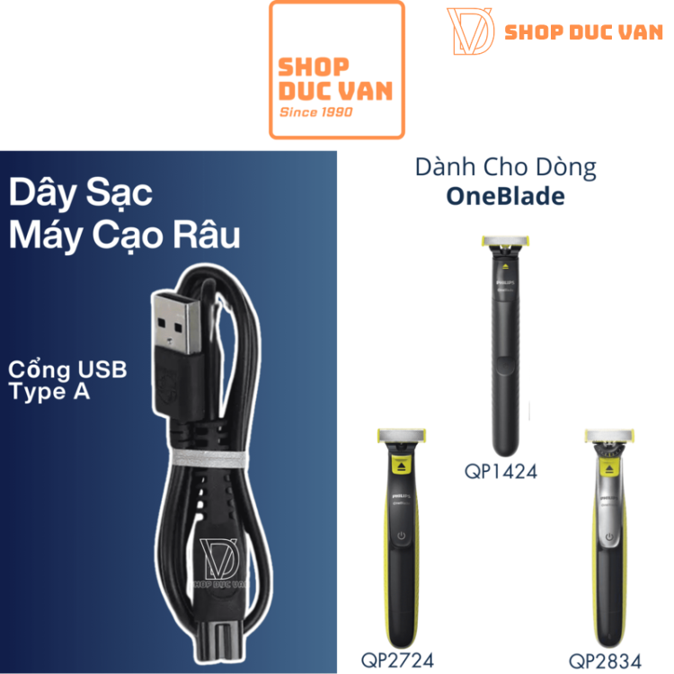 Dây Sạc USB Máy Cạo Râu Tỉa Râu Philips OneBlade Chính Hãng QP1424 QP1624 QP2724 QP2834
