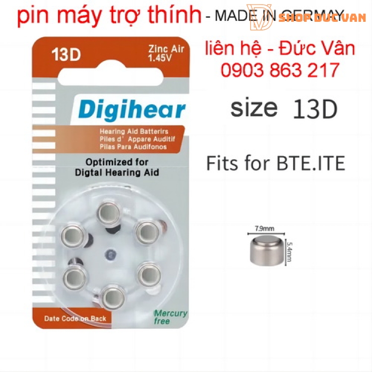 Pin Máy Trợ Thính Digihear size 13-1,45V  -vỉ 6 viên pin tròn