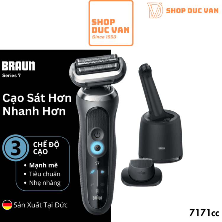 Máy Cạo Râu Braun Series 7 7171cc Đầu Linh Hoạt 360°, Trạm Sạc Tự Rửa SmartCare, Made in Germany