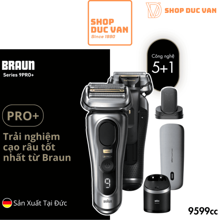 Máy Cạo Râu Braun Series 9 Pro+ 9599cc Cao Cấp Nhất, Kèm Hộp Sạc PowerCase & Trạm Làm Sạch SmartCare 6-in-1, Công Nghệ Sóng Âm AutoSense