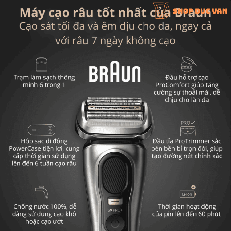 Máy Cạo Râu Braun Series 9 Pro+ 9599cc Cao Cấp Nhất, Kèm Hộp Sạc PowerCase & Trạm Làm Sạch SmartCare 6-in-1, Công Nghệ Sóng Âm AutoSense