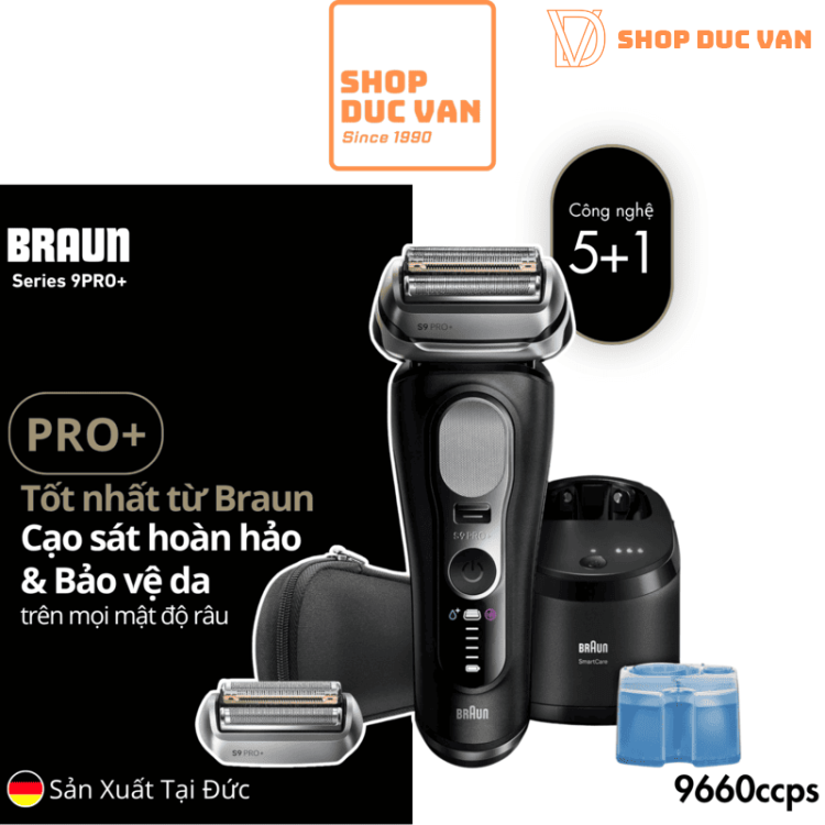 Máy Cạo Râu Braun Series 9 Pro+ 9660ccps Cao Cấp Tích Hợp Đốc Sạc Rửa Tự Động 6in1 Kèm Đầu Cạo Thay Thế