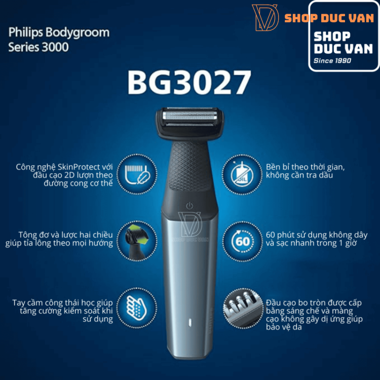 Máy Cạo Lông Toàn Thân Philips Bodygroom BG3027/03 Series 3000 Chống Nước 100%, An Toàn Cho Da Nhạy Cảm