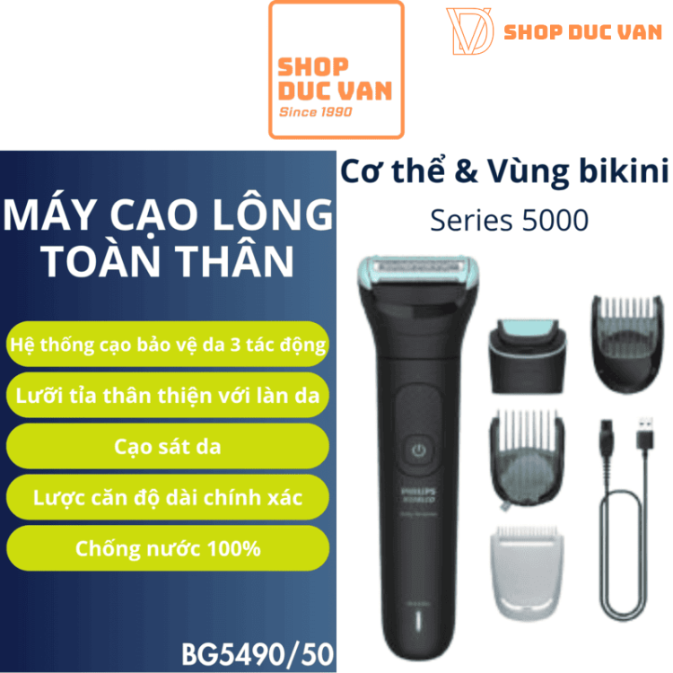 Máy Cạo Tỉa Lông Toàn Thân Và Vùng Kín Philips Bodygroomer Series 5000 BG5490/50 Chống Nước 100%, Pin 100 Phút