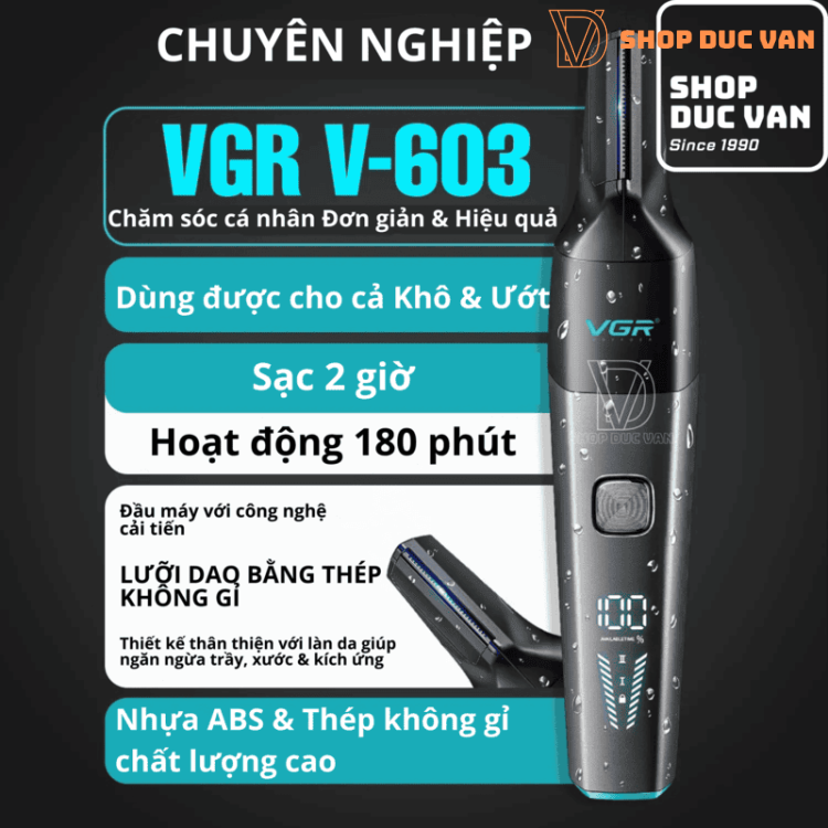 Máy Cạo Lông Toàn Thân Nam VGR V-603, Tỉa Lông Mũi, Lông Vùng Kín Chuyên Dụng, Chống Nước IPX5, Pin Trâu 180 Phút