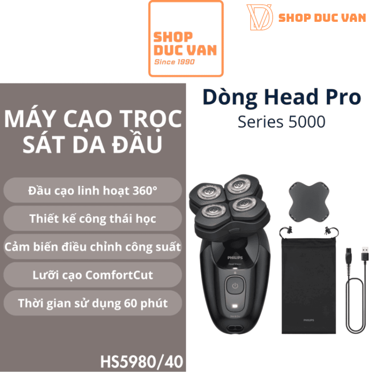 Máy Cạo Đầu Trọc Philips Series 5000 Head Pro HS5980/40 Đầu Cạo Cạo Linh Hoạt 360 Độ Cạo Sát Nhẵn, Dịu Nhẹ Cho Da Đầu