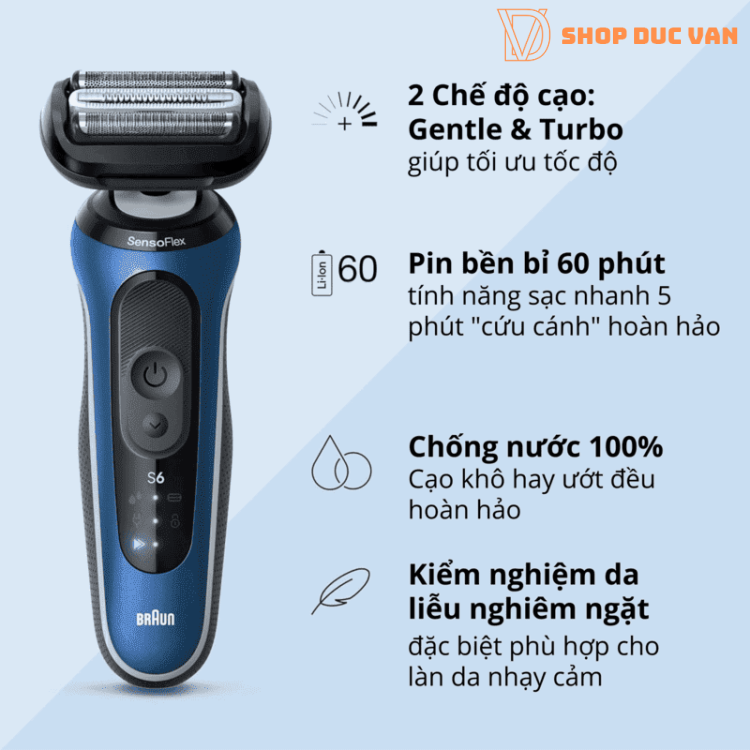 Máy Cạo Râu Braun Series 6 6172cc Công Nghệ SensoFlex Giảm Áp Lực Da, Chế Độ Turbo/Gentle, Chống Nước 100%, Pin 60 Phút Kèm Trạm Làm Sạch Thông Minh SmartCare Center