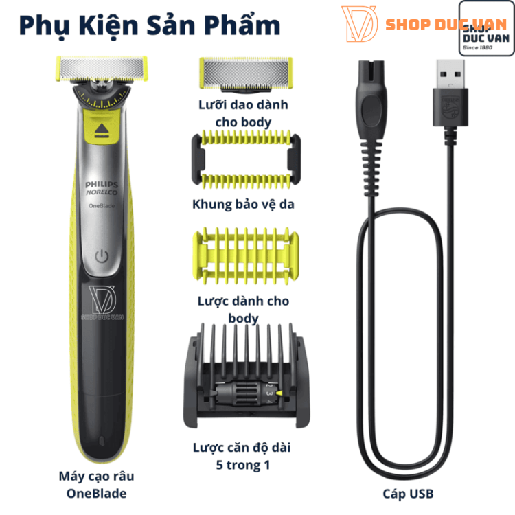 Máy Cạo Râu Philips OneBlade 360 Face + Body Với Khung Lược 5 Cữ Cắt Tỉa, Tạo Viền Và Cạo Râu Với Mọi Độ Dài