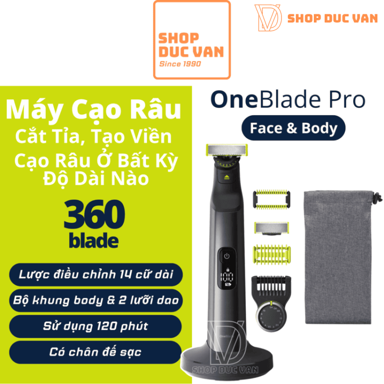 Máy Cạo Râu Và Tỉa Lông Cơ Thể Philips Oneblade Pro 360 QP6551/70 Sạc Nhanh 1h, Dùng 120 Phút, Có Khóa Du Lịch
