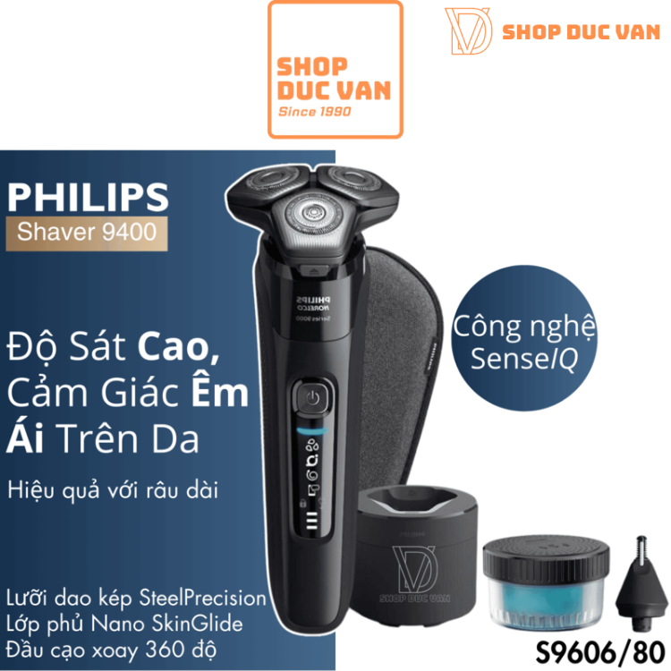 Máy Cạo Râu Philips Norelco S9606/80 Cạo Khô Và Ướt Series 9400 Với Lưỡi Dao Kép Dual SteelPrecision, Công Nghệ SenseIQ