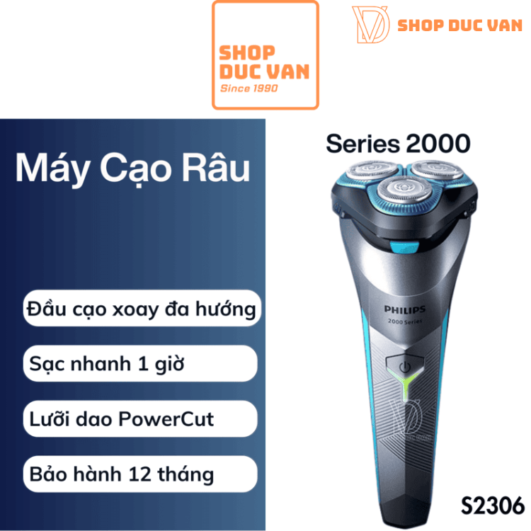 Máy Cạo Râu 3 Lưỡi Philips Series 2000 S2306 Cạo Ướt Và Khô Đầu Cạo 4D Linh Hoạt Dành Cho Da Mụn, Nhạy Cảm, Da Kích Ứng