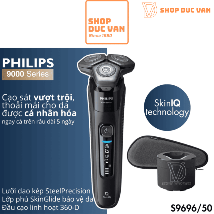 Máy Cạo Râu Philips S9696/50 Series 9000 Wet & Dry, Cảm Biến Áp Lực, Đế Sạc và Vệ Sinh Tự Động