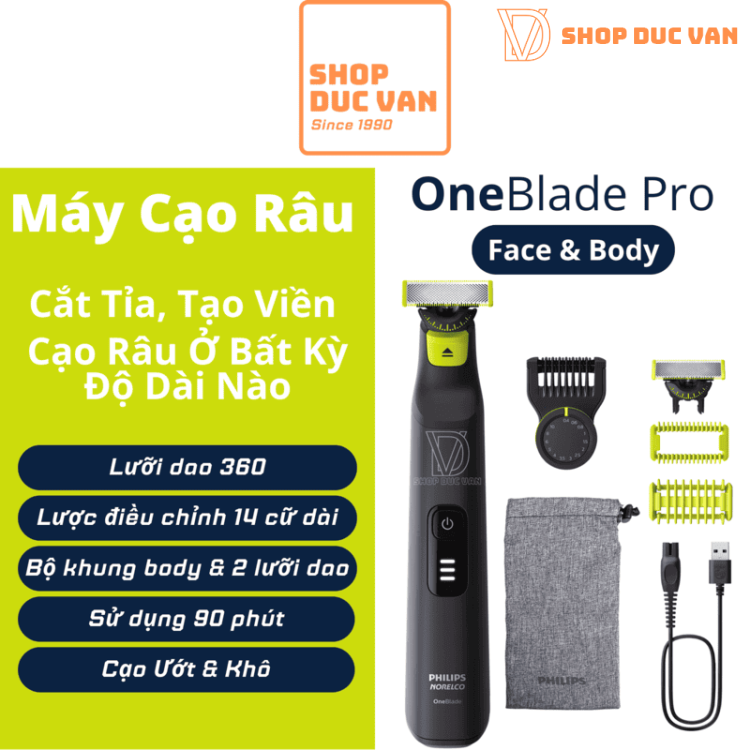 Philips Norelco OneBlade Pro 360 Face & Body Hybrid Electric Beard Trimmer and Shaver With Original Blade, 14-length Adjustable Comb