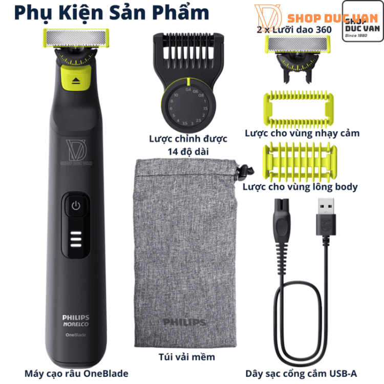 Philips Norelco OneBlade Pro 360 Face & Body Hybrid Electric Beard Trimmer and Shaver With Original Blade, 14-length Adjustable Comb