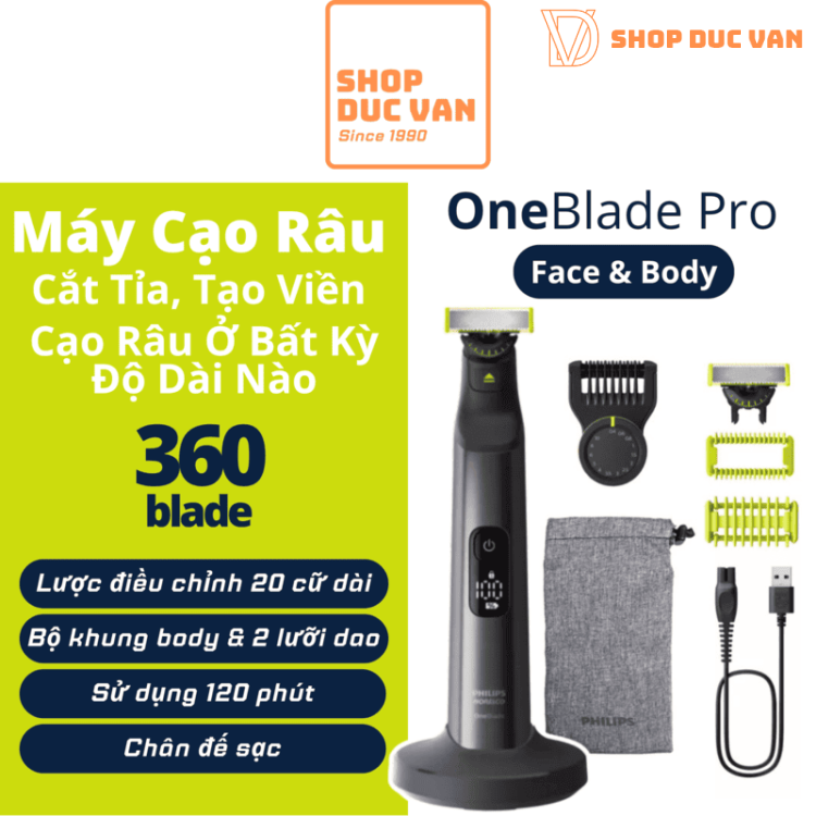 Máy cạo râu và tỉa lông toàn thân Philips Norelco OneBlade Pro 360 QP6552/70 - Pin Li-ion 120 phút, cữ 20 mức, chống nước IPX7