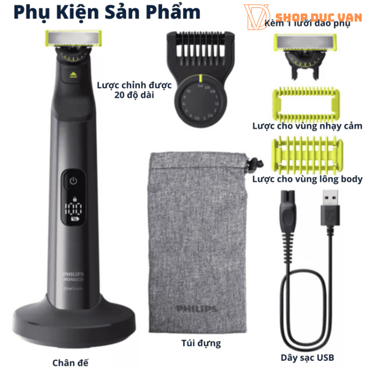 Máy cạo râu và tỉa lông toàn thân Philips Norelco OneBlade Pro 360 QP6552/70 - Pin Li-ion 120 phút, cữ 20 mức, chống nước IPX7