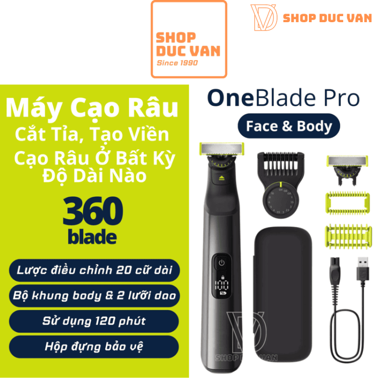 Máy Tỉa Râu Philips Norelco Oneblade Pro 360 QP6552/90 Tỉa Râu Và Lông Toàn Thân, 20 Cài Đặt Độ Dài, Pin 120 Phút