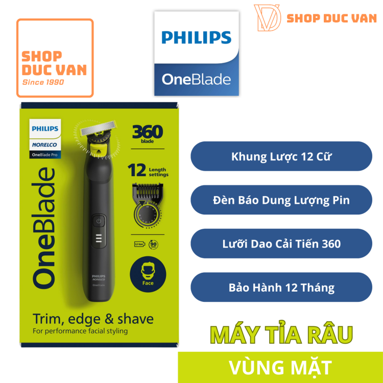Máy Cạo Râu Philips OneBlade Pro 360 Face Cắt Tỉa Tạo Kiểu Thông Minh Với Lược Đa Năng 12 Nấc Chỉnh