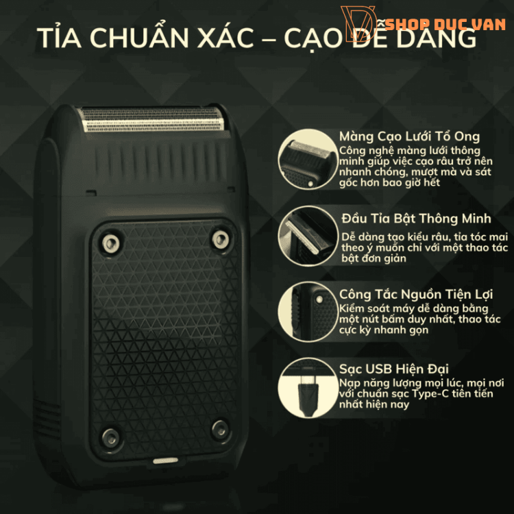 Máy Cạo Râu Mini VGR V-353 Máy Cạo Râu Bỏ Túi Siêu Nhẹ, Sạc USB Type-C, Tích Hợp Đầu Tỉa Tóc Mai 