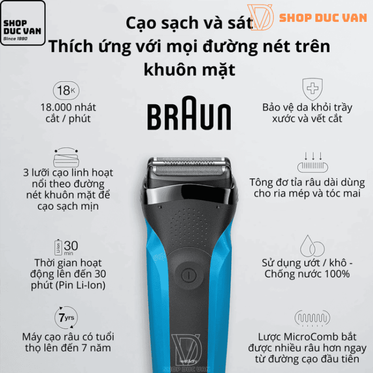 Máy Cạo Râu Braun Series 3 310s Cạo Khô & Ướt Kèm Đầu Tỉa Chính Xác