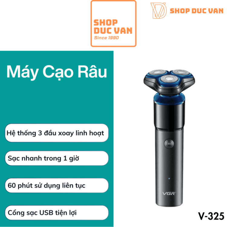 Máy Cạo Râu VGR V-325 Hệ Thống 3 Đầu Cạo 3D, Pin Lithium 500mah, Sạc USB Tiện Lợi