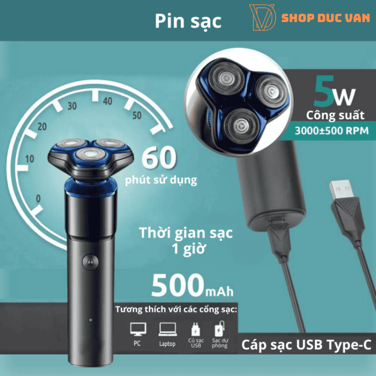 Máy Cạo Râu VGR V-325 Hệ Thống 3 Đầu Cạo 3D, Pin Lithium 500mah, Sạc USB Tiện Lợi