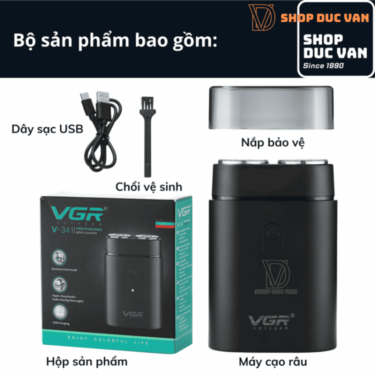 Máy Cạo Râu 2 Lưỡi VGR V-341 Mini Nhỏ Gọn Sạc USB Type-C Dành Cho Nam Và Nữ Thuận Tiện Mang Theo Du Lịch [ Shop Đức Vân ]
