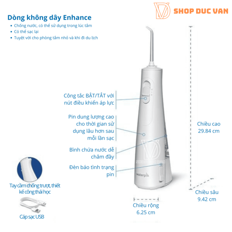 Máy Tăm Nước Cầm Tay Waterpik Cordless Enhance Water Flosser WF-21 Dây Sạc USB Type C Mẫu Mới