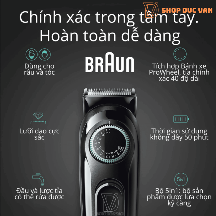 Máy Tỉa Râu Và Tông Đơ Cắt Tóc Đa Năng Braun Series 3 3450 5-Trong-1 Cho Nam