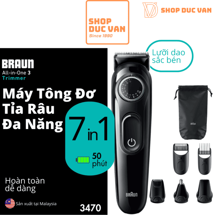 Máy Tỉa Râu Và Tông Đơ Cắt Tóc Đa Năng Braun Series 3 3470 7-Trong-1 Cho Nam