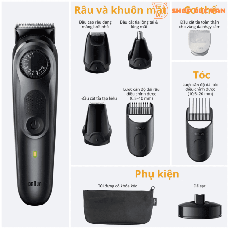 Máy Tông Đơ Tỉa Râu Đa Năng Braun All-In-One AIO 5490 Máy Cắt Tóc Cạo Lông Toàn Thân Chống Nước 9 Đầu Cạo Tỉa Cao Cấp 
