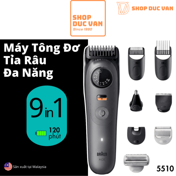 Máy Tông Đơ Tỉa Râu Đa Năng Braun Series 5 AIO 5510 Cắt Tóc, Tỉa Lông Mũi, Lông Cơ Thể 