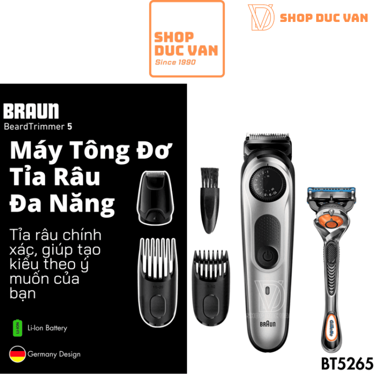 Máy Tỉa Râu Và Tông Đơ Cắt Tóc Đa Năng Braun BT5265 BeardTrimmer 5 Kèm Đầu Cạo Râu Mini và Dao Cạo Gillette ProGlide