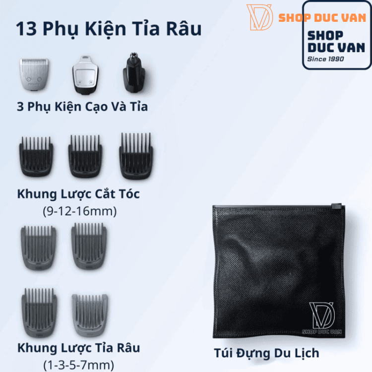 Tông Đơ Philips Norelco Multigroom 3000 MG3740 Tỉa Râu Cắt Tóc Đa Năng Cho Mặt, Đầu Với Lưỡi Dao Thép Chống Gỉ Sét