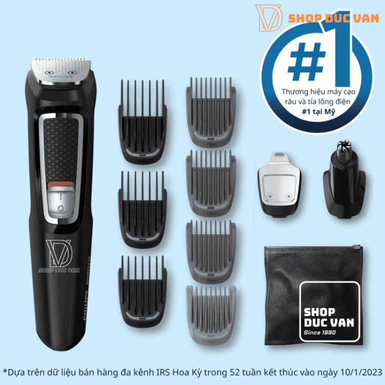 Tông Đơ Philips Norelco Multigroom 3000 MG3740 Tỉa Râu Cắt Tóc Đa Năng Cho Mặt, Đầu Với Lưỡi Dao Thép Chống Gỉ Sét