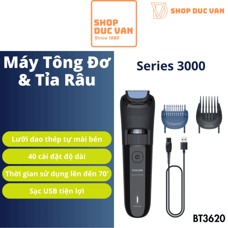 Máy Tỉa Râu Philips Norelco Series 3000 BT3620/40 40 Mức Chỉnh Độ Dài, Pin 70 Phút, Chống Nước 100%, Sạc USB Tiện Lợi
